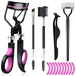 Eyelash Curlers Eyebrow Brush Kit for Women w Lash Curler, Eyelash Comb Seperator, Mascara Brushes, Eyelash Extension Tweezers, Angled eyebrow brush and Comb, 10 Silicone Refills Pads for Lash & Brow