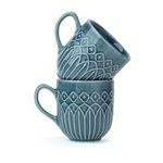 Shay Ceramic Coffee Mug Set, Set of 2, 330ml, Blue Grey Carving | Medium Mug | Glossy Finish | Porcelain Coffee Cup Set | Microwave Safe (Carving Milk Mug, Blue Grey, Set of 2)