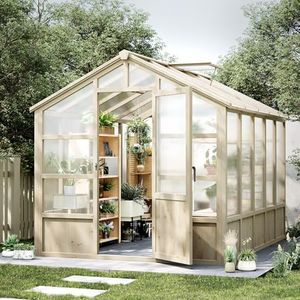 8X10 FT Outdoor Wooden Greenhouse with Lockable Door and Adjustable Roof Vent, UV Protection, Cedar Wood Walk-in Green House for Outdoor, Garden, Yard, Light Brown