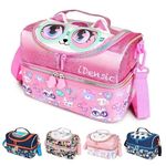 idensic Kids Double Decker Cooler Insulated Lunch Bag for Boys, Girls, Men, Women, with Adjustable Strap Reusable Toddler Lunchbox for School and Daycare Cute Travel Bags (Pink Cat)