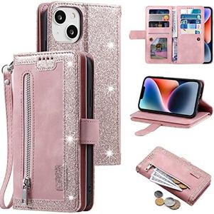 UEEBAI Wallet Case for iPhone 15 6.1 inch, Retro 9 Card Holder Slots Zipper Pocket Handbag Wallet Case PU Leather Magnetic Closure Kickstand with Wrist Strap TPU Shockproof Flip Case - Rose Gold