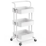 3-Tier Rolling Utility Cart, Multifunctional Metal Organization Storage Cart with 2 Lockable Wheels for Office, Home, Kitchen, Bedroom, Bathroom, Laundry Room by Pipishell (White)