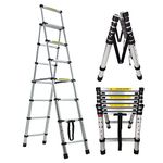 6+7 Steps Telescopic Ladder 6.5FT A-Frame Aluminum Extension Ladder Handrail Folding Ladder Anti-Slip Sturdy Lightweight 330lb Capacity for Stairs RV Loft Home Attic Conforms to EN131 and CE Standards