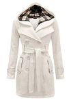 BOFETA Women's Winter Outdoor Long Sleeve Warm Pea Coat Hooded Trench Coat with Belt White L