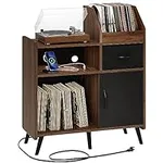 YITAHOME Record Player Stand with Storage, Turntable Stand with Sliding Door, Record Player Table with Charging Station, Holds Up to 200 Albums for Living Room, Bedroom, Brown
