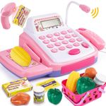 HYAKIDS Pretend Play Toy Till Cash Register with Scanner for Kids, Shopping Till Play Set Food Money Supermarket Cashier Imaginative Toys Gifts for Girls Boys