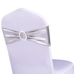 WENSINL Pack of 100 Wedding Silver Chair Sashes, Elastic Chair Bands with Buckle Slider, Chair Bows for Wedding Decorations, Without Chair Covers (Metallic Silver)