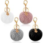 4 Pieces 3 Inch Pom Pom Keychains Faux Fur Pompom Ball Keyrings with Snowflake (Black, Gray, White, Pink)