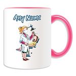 Personalised Gift - Dentist Female Mug (Career Design Theme, Colour Options) - Any Name / Message on Your Unique - Medical Mask Dental Tool Blonde Hair Patient Chair White Lab Coat Practice Occupation