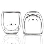 Sharemee - Cute Animal Mugs Set of 2, Insulated Double Wall Glass Mug, Transparent Glass Cups for Beverage Coffee Tea Latte Juice Milk, Gift for Office Birthday Christmas (Bear+Cat)