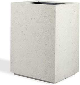 PolyStone Cozumel Modern Outdoor/Indoor Column Planter - 23" x 18" x 30" H - Lightweight Weather Resistant Stone-Look Resin Planter - Commercial & Residential - White Granite