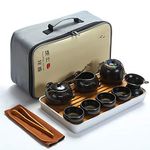 fanquare Portable Travel Tea Set, Handmade Kungfu Tea Set, Porcelain Teapot, Teacups, Bamboo Tea Tray with a Portable Travel Bag, Black