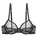 Sexy Sheer See Through Bras Unlined Underwire Lace Mesh Non Padded Ultra Thin Clear Bralette Black, 44C