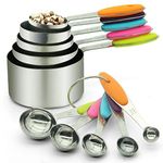 SKY-TOUCH 10 Piece Measuring Cups and Measuring Spoons Set with Detachable Ring – Stainless Steel Stackable 5 Cups 5 Spoons with Silicone Grip Handle to Measure Dry Liquid Food for Cooking or Baking