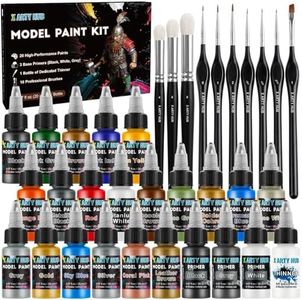 X ARTY HUB Model Paint Set, 34-Piece Miniature Painting Kit for Figures, 20 Acrylic Paints with 10 Brushes, 3 Primers, 1 Thinner, Complete Hobby Paint Set for Model Car, Miniature & Tabletop Wargaming