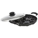 Amazon Brand - Solimo Aluminium Non-Stick Appam Patra - 12 Cavities 22.8 cms | 2 Side Handles with Stainless Steel Lid | 2-Layered PFOA, PFOS and Toxin-Free Coating | Appam Pan | Litti Maker (Black)