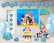 WoW Party Studio Personalized Baby Shark Theme Happy Birthday Party Decorations Supplies with Birthday Boy/Girl Name, Age & Image - Combo Kit #1 (100 Pcs) Multicolor