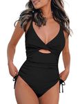 Bsubseach One Piece Bathing Suit for Women Cut Out High Waisted Swimsuits Ruched Scoop Neck Monokini Swimwear Black XL