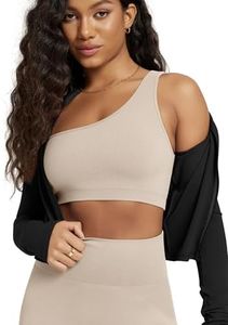 ODODOS Seamless One Shoulder Sports Bra for Women Ribbed Asymmetrical Non Padded Yoga Crop Tank Tops, Lycra Cloud Cream, Large