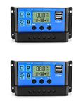 QWORK® 2PCS Solar Charge Controller, 30A 12V/24V Solar Panel Battery Intelligent Regulator with 5V Dual USB Port Light Timer Control LCD Display