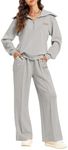 Aleumdr Two Piece Outfit Sweatsuit Wide Leg Sweatpant Lounge Matching Sets Fleece Womens Lounge Set Half Zip Sweatshirt Oversized Pullover Tracksuit 2024 Fall Travel Clothing Grey