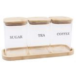 Xbopetda Tea Coffee Sugar Canisters, Tea Coffee and Sugar Canisters Set with Serving Tray, 3 Piece Glass Jar Storage Container Set, Airtight Food Storage Jars with Wooden Lid for Tea Sugar Coffee