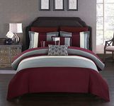 Chic Home 10 Piece Comforter Set Color Block Ruffled Bag Bedding, Microfiber, Burgundy, Queen