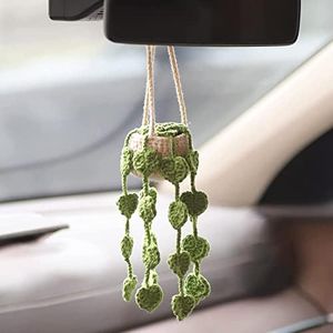 YTYAB Cute Crochet Plant for Car Rear View Mirror,Boho Handmade Hanging Accessories for Women and Girls,Green Car Interior Aesthetic Decor Truck Hanger Ornament Charm for Men