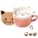 Gifts for Women Her Cute Kawaii Pink Cat Coffee Mugs with Lids,Christmas Birthday Presents for Girls Friend Kids Men Wife Mum Grandma Teacher,Novelty Animal Coffee Ceramic Tea Cup Dessert Saucer Set