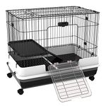 PawHut 32" L 2-Level Small Animal Cage Rabbit Hutch with Universal Lockable Wheels, Slide-Out Tray for Bunny, Chinchillas, Ferret, Black