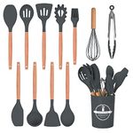 FIOUSY Kitchen Utensil Set, 12 PCS Silicone Cooking Utensils Set with Wooden Handle, Heat Resistant, Nonstick Cookware Tongs Spatula Spoon Set, Dishwasher Safe, Best Kitchen Tools with Holder (Grey)