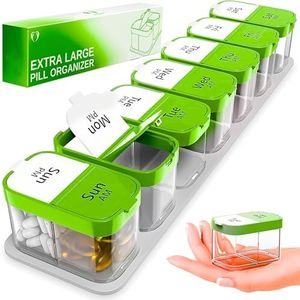 Extra Large Pill Organizer 2 Times A Day - Big Pill Box 7 Day Am Pm - XL Weekly Vitamin Holder Jumbo Medicine Container for Supplement XXL Daily Pill Case with Huge Oversized Compartments Green/White