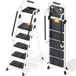 KINGRACK 5 Step Folding Ladder, 800lbs Capacity Step Stool with Safety Lock, Tool Tray, Non-Skid Wide Pedals, and Handrail, Household Ladder for Home, Garden, Painting, Outdoor, and Garage, White