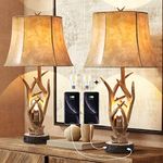 Dungoo Rustic Western Deer Table Lamps with Nightlight Set of 2, 26'' Bedside for Bedroom 2 USB Ports, Natural Antler Lamp Living Room Foyer Office Rotary Switch-Brown DG-5494-Beige