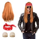 Aomig Rock Star Heavy Metal Wig Set, Rockstar Retro Blonde Rocker Wig 70s 80s Costume Accessories for Men Women, Long Hippie Wig Rocker Fancy Dress Accessories for 1980s Disco, Parties and Halloween