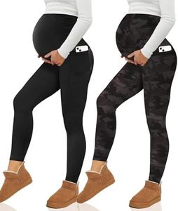Happy.angel 2 Pack Maternity Fleece Lined Leggings Over The Belly, Womens Black Workout Yoga Pregnancy Pants with Pockets Black/Print L