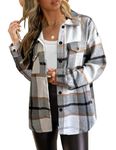 Zeagoo Womens Plaid Shacket Long Sleeve Flannel Shirt Checked Shirts Button Down Jacket Oversize Baggy Coat with Side Pockets Fall Lightgrey S