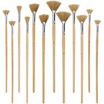 JEUIHAU 12 Pack Fan Brush Set, Bristles Fan Paint Brushes, Hog Bristle Stiff Fan Brush Set, Fan Artist Paint Brush with Long Wooden Handle for Acrylic Watercolor Oil Painting