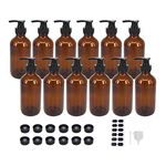 BPFY 12 Pack 8 oz Amber Glass Bottles with Pumps for Essential Oils, Cleaning Products, Lotions, Aromatherapy Oil, Pump Bottles, Refillable Containers With Cap, 12 Chalk Labels, 1 Pen