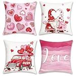 Bonhause Valentine's Day Cushion Covers 45 x 45 cm Pink Love Heart Gnome Truck Decorative Throw Pillow Covers for Anniversary Wedding Valentine's Day Decor Set of 4