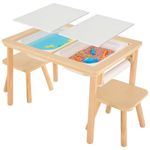 Bateso Sensory Table with 2 Chairs & 1 Roll Paper, Multifunction Wooden Sand and Water Table with Double-Side Board & 2 Foldable Storage Bins, Activity Game Table, Indoor Outdoor Use, for Kids