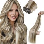 LaaVoo Weft Hair Extensions Real Human Hair 14 Inch 80g Light Brown and White Blonde Highlighted Hair Extensions Straight Sew in Hair Extensions Double Weft Hair Extensions #8/60