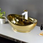 InArt Ceramic Oval Gold Vanity Wash Basin, 59 x 39 x 21 CM, Luxurious Bathroom Sink