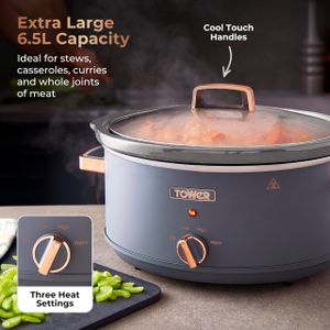 Tower Cavaletto 6.5L Slow Cooker – Grey, Large Capacity