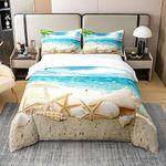 100% Cotton Beach Themed Bedding Sets Single Blue Ocean Comforter Cover Seashell Starfish Printed Bed Sets Beach Coastal Duvet Cover 1 Duvet Cover 1 Pillowcases for Kids Teens Adults (No Comforter)