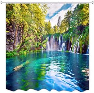 A.Monamour Sunlight Through Green Forest Tress Waterfall Mountain Blue Lake Water National Park Nature Scenery Print Waterproof Polyester Fabric Shower Curtain180X200 Cm / 72"X78"
