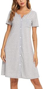Marvmys Camisones de Mujer Algodón Largos Camisones Mujer Manga Corta a Rayas Camisón Mujer con Botones y Bolsillos Vestido Elegante Casual para Otoño Invierno Primavera Verano S-XXL