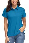 MAGCOMSEN Ladies Short Sleeve Polo Shirts Breathable Sports Golf Tennis Tee Tops Button Plain Polo T Shirts Blue Green