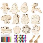 HBell 60pcs Christmas Wooden Ornaments Set Wooden Baubles with Holes,Unfinished Wooden Slices with Twine,Colorful Bells and Watercolor Pen for Kids DIY Crafts Christmas Hanging Decoration Xmas Gifts