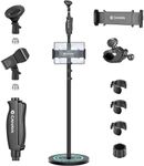 CAHAYA Microphone Stand Floor Universal - Metal Mic Stand with Weighted Round Heavy Base Mic Stands Adjustable Height with Phone Holder Mic Floor Stand with 2 Mic Clips and 3/8'' to 5/8'' Adapter